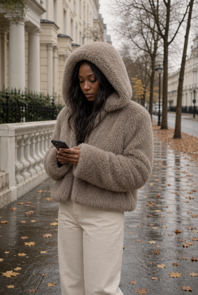 Woman in a short hooded faux fur jacket on an autumn street