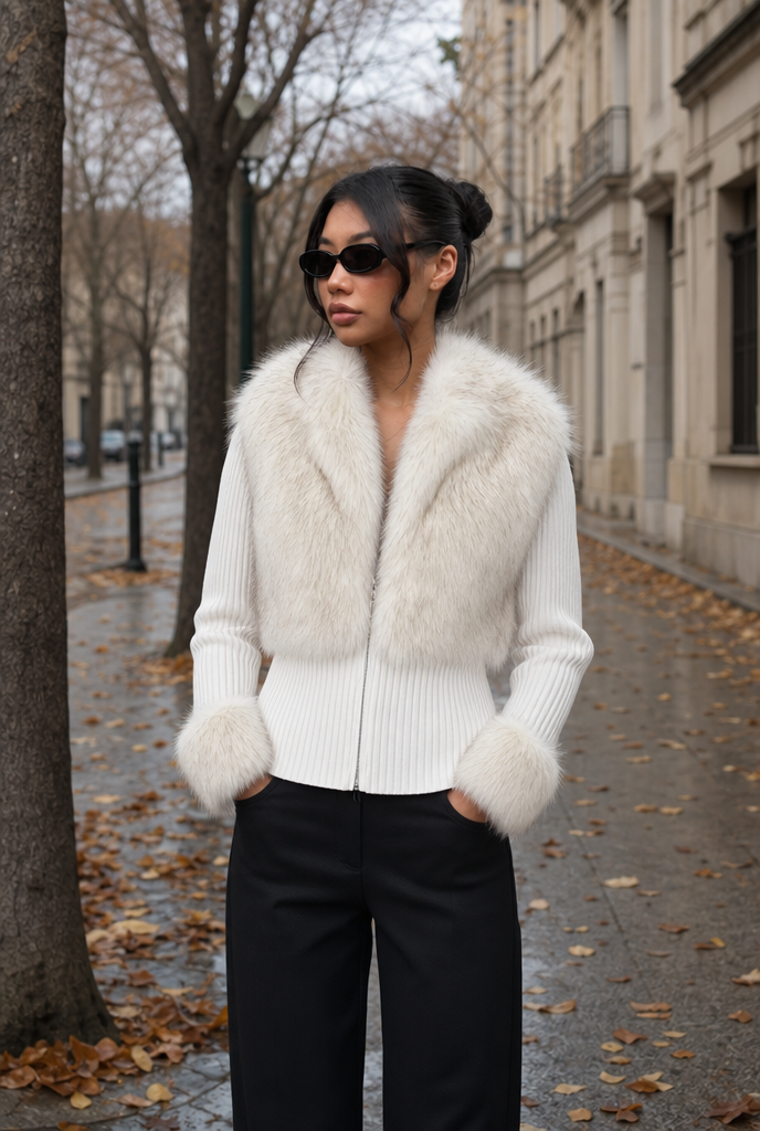 Woman in a patchwork knit and faux fur jacket on an autumn street