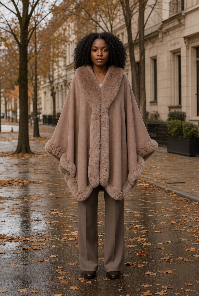 Woman in a faux fur hooded cape coat on an autumn street