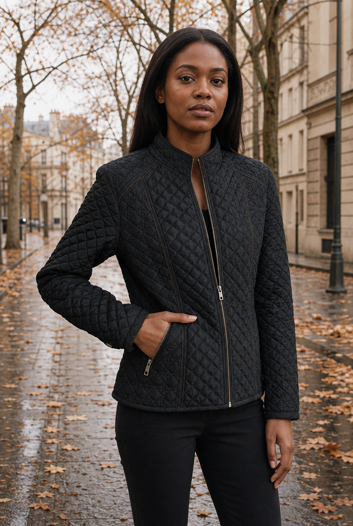 Woman in a diamond quilted padded jacket on an autumn street
