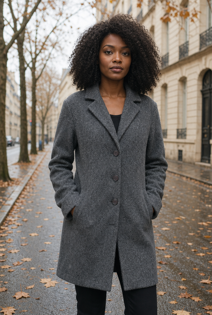 Woman in a soft button-front jacket on an autumn street