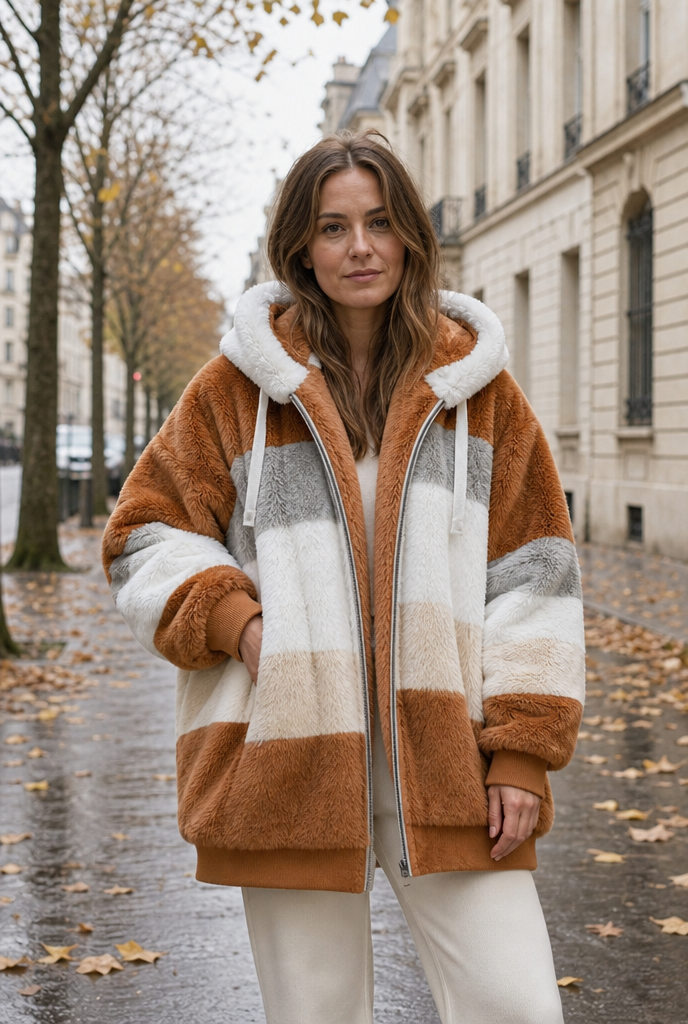 Woman in an oversized plush hooded jacket on an autumn street