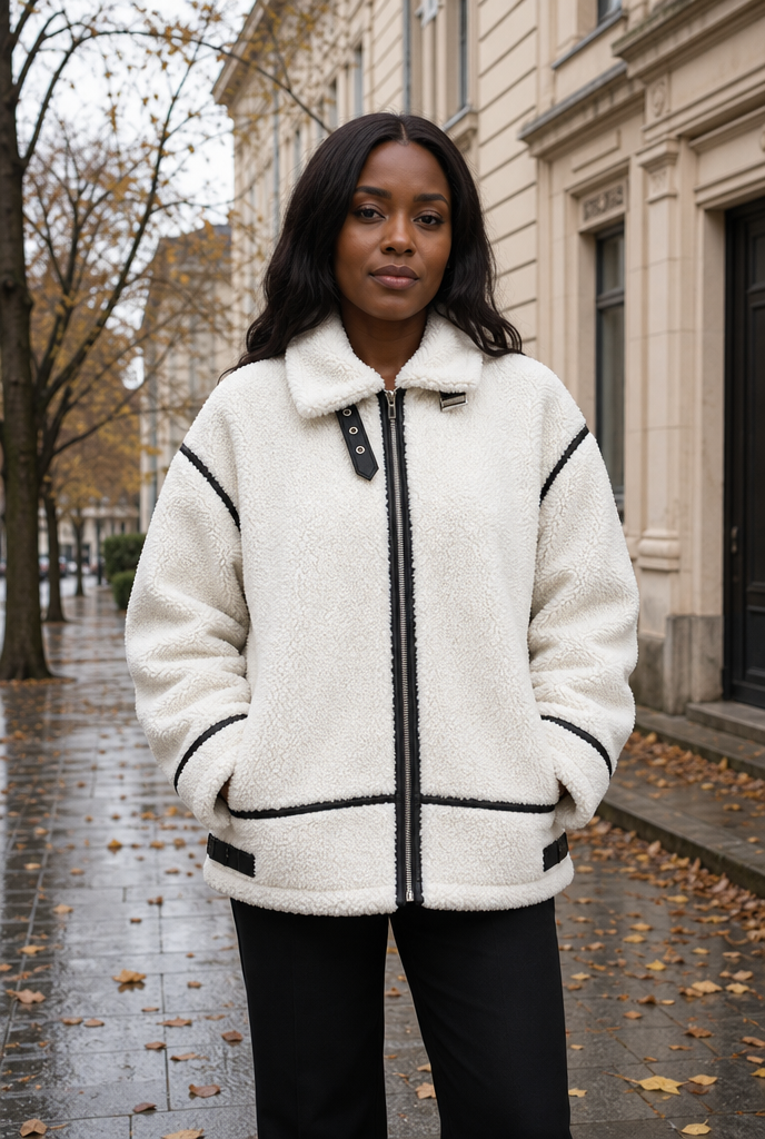 Woman in a contrast lamb wool jacket on an autumn street