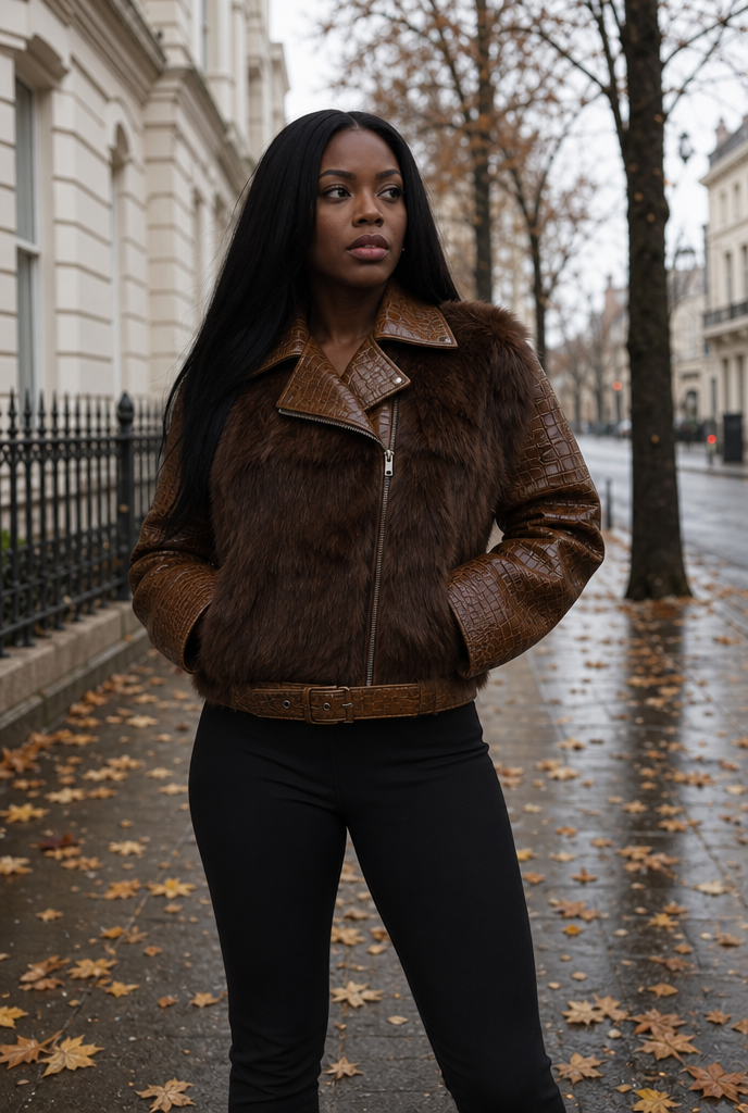 Woman in a croc-texture sleeve faux fur jacket on an autumn street
