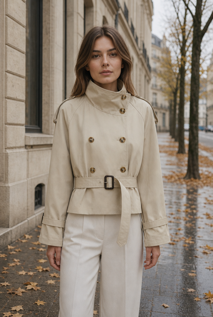 Woman in a cropped belted trench coat on an autumn street