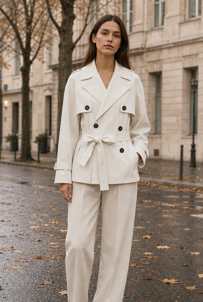 Woman in a double-breasted trench coat on an autumn street
