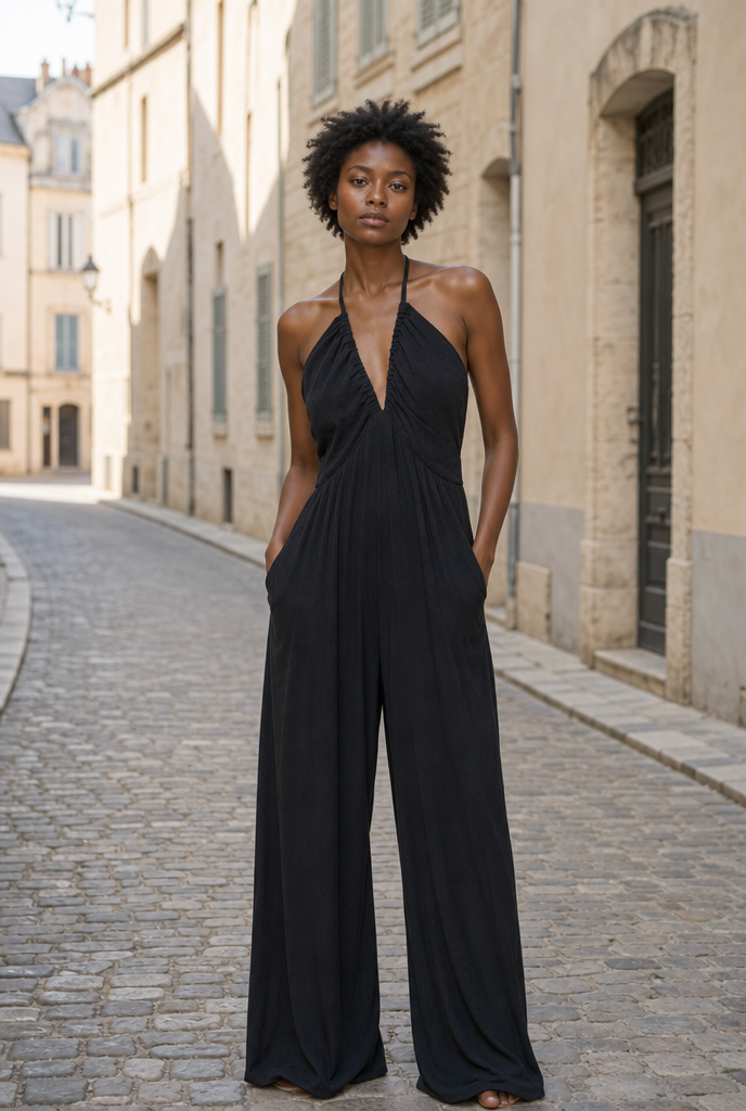 Woman in a V-neck backless wide-leg jumpsuit on a European street