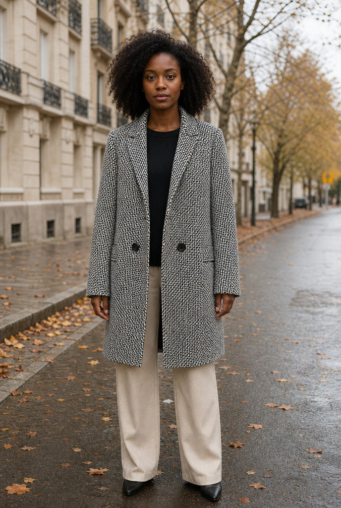 Woman in a long wool blend coat on an autumn street