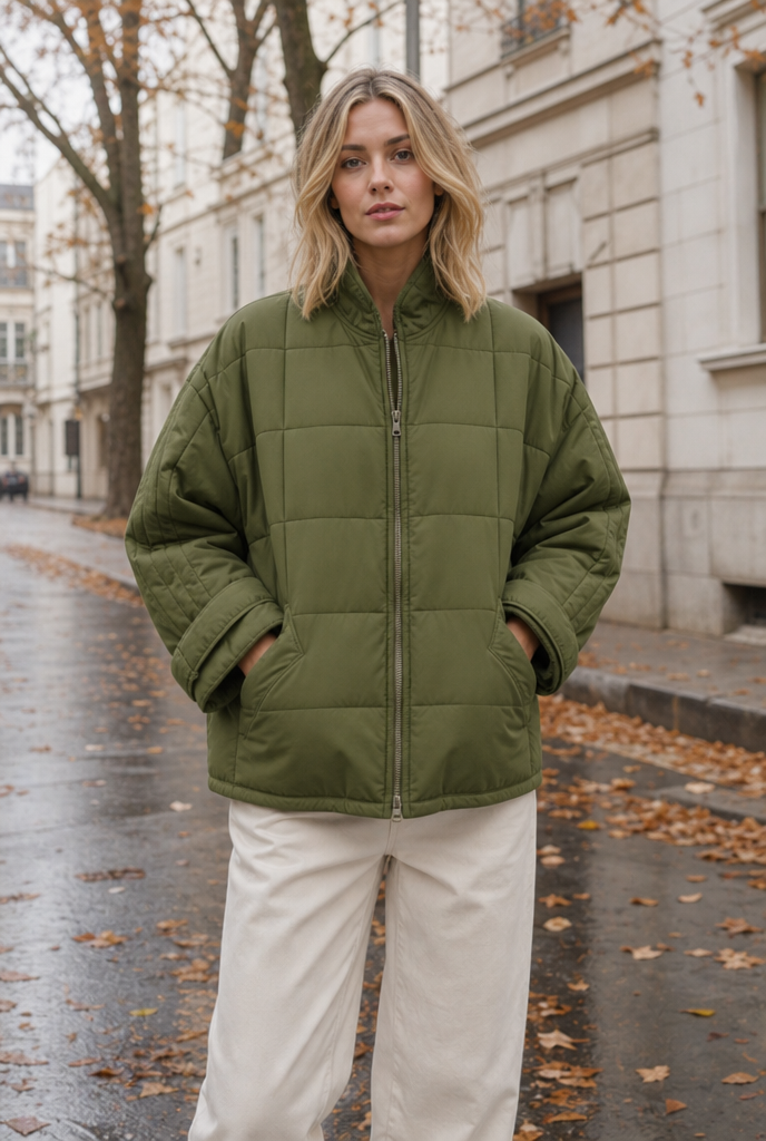 Woman in a khaki padded mid-season jacket on an autumn street