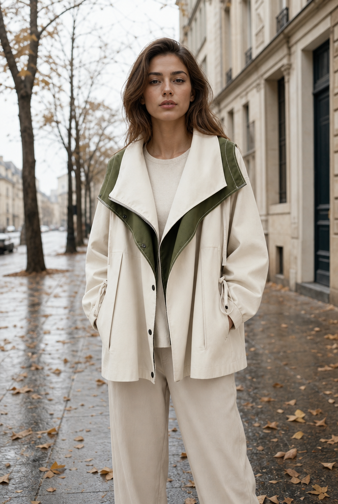 Woman in a white quilted hooded utility jacket on an autumn street
