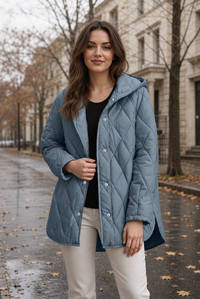 Woman in a light blue check-hood casual coat on an autumn street
