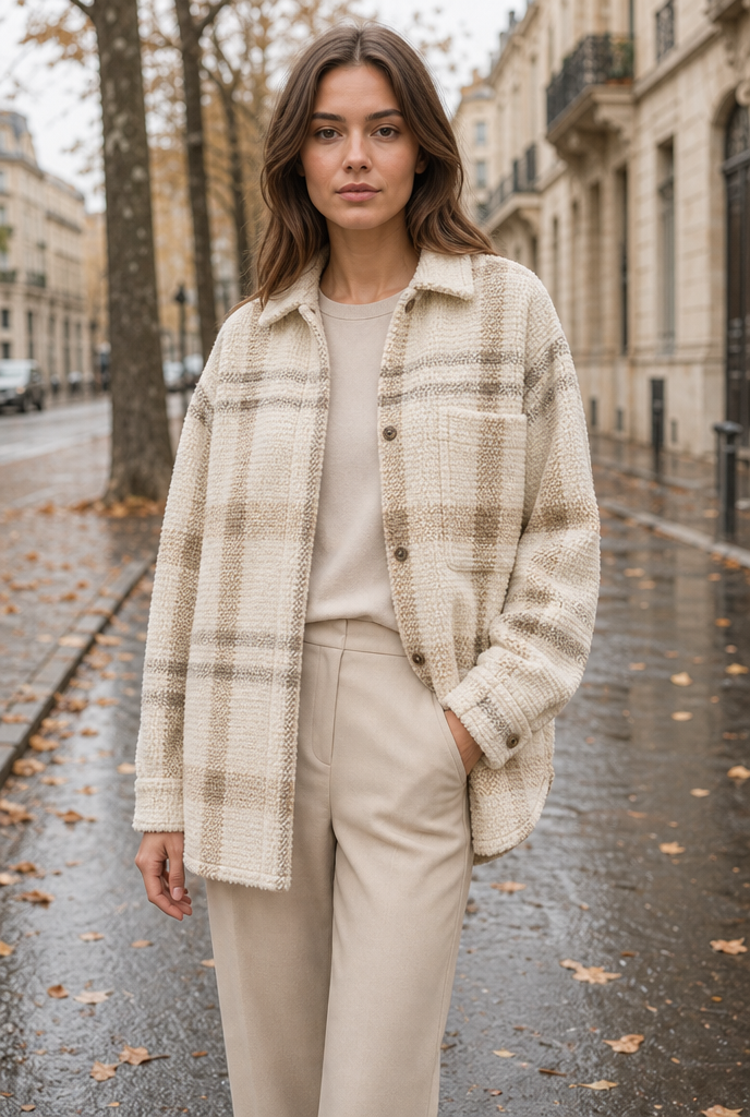 Woman in a beige brushed flannel shacket on an autumn street