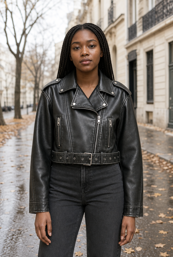 Woman in a black turn-down collar padded jacket on an autumn street
