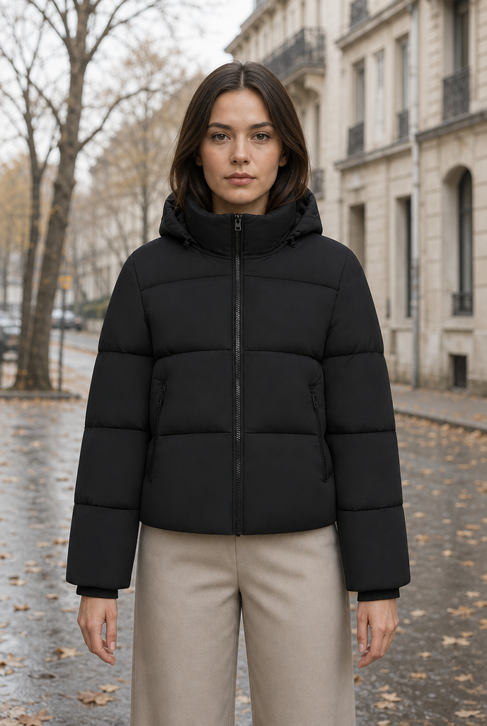Woman in a black hooded quilted puffer jacket on an autumn street