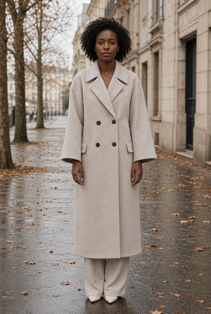 Woman in a beige wool blend longline coat on an autumn street