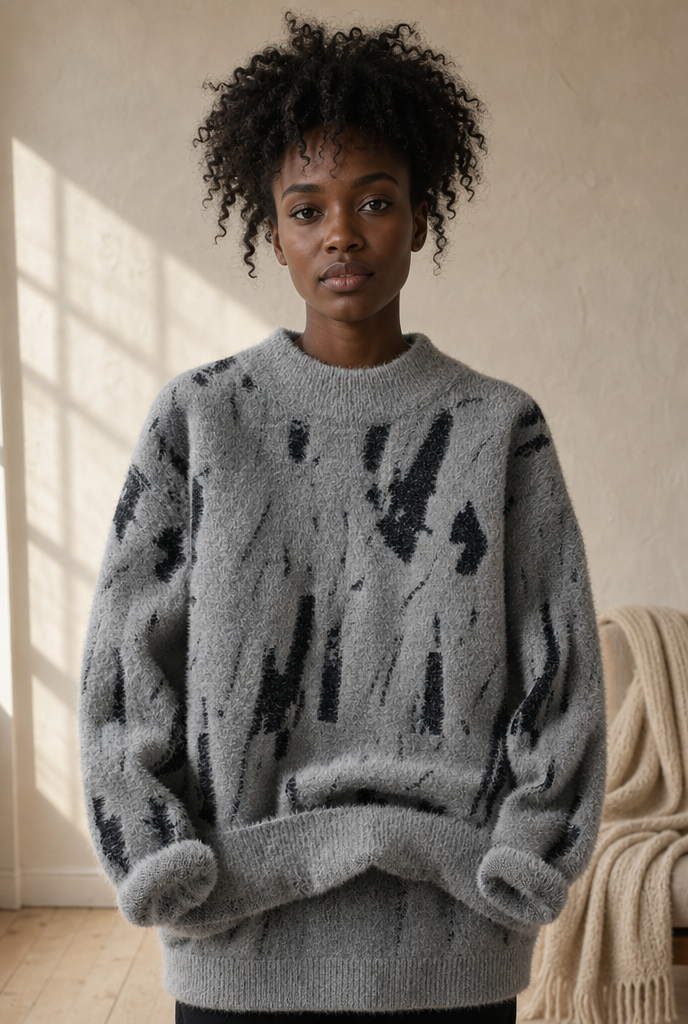 Woman in a grey brushstroke print sweater in a warm interior