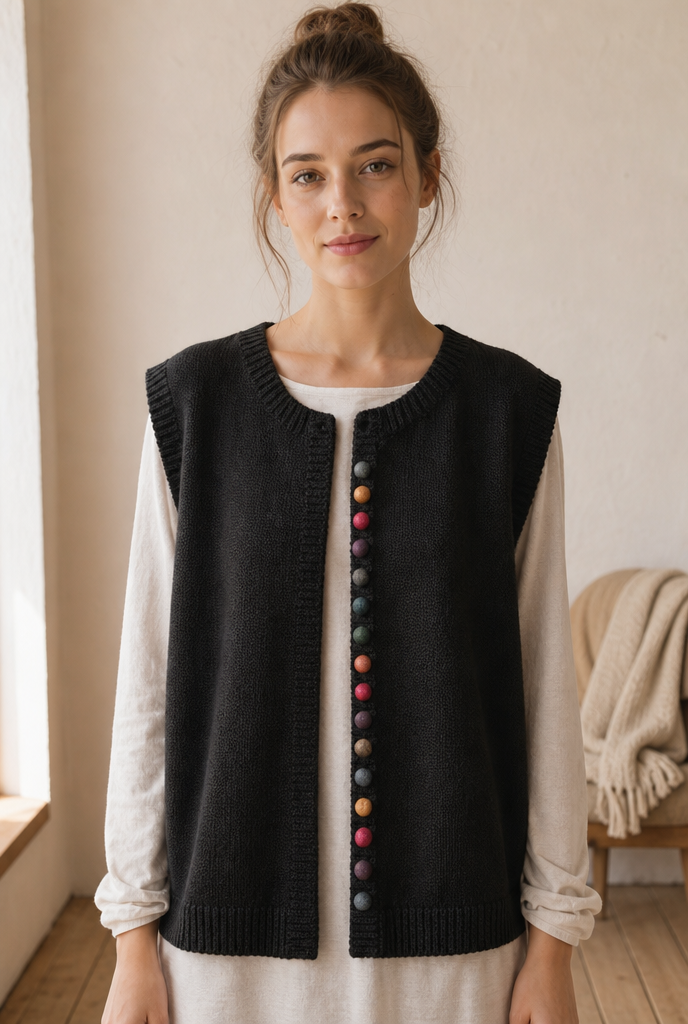 Woman in a black open-front cardigan in a warm interior