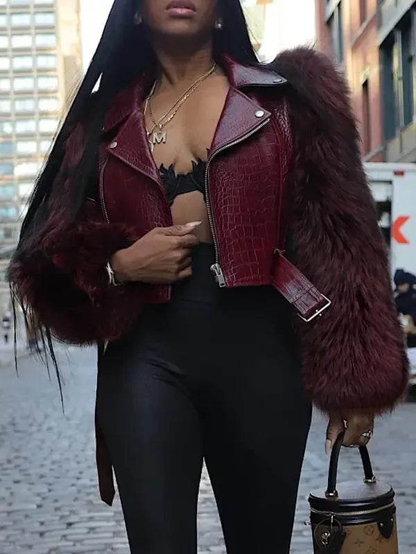 Croc-Texture Sleeve Faux Fur Jacket