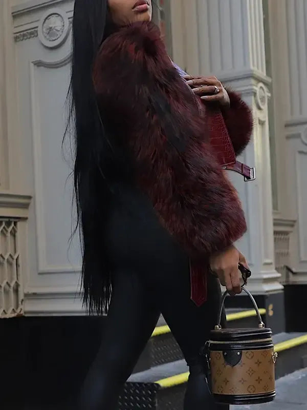 Croc-Texture Sleeve Faux Fur Jacket
