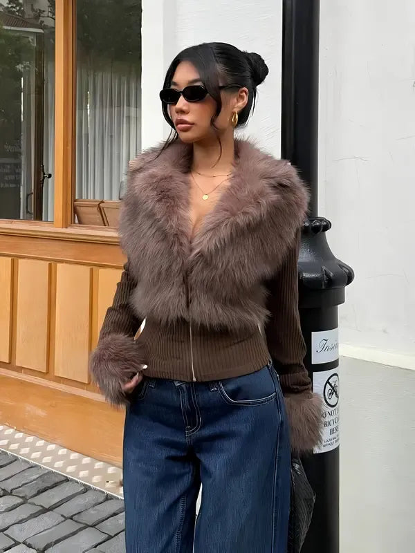 Patchwork Knit and Faux Fur Jacket