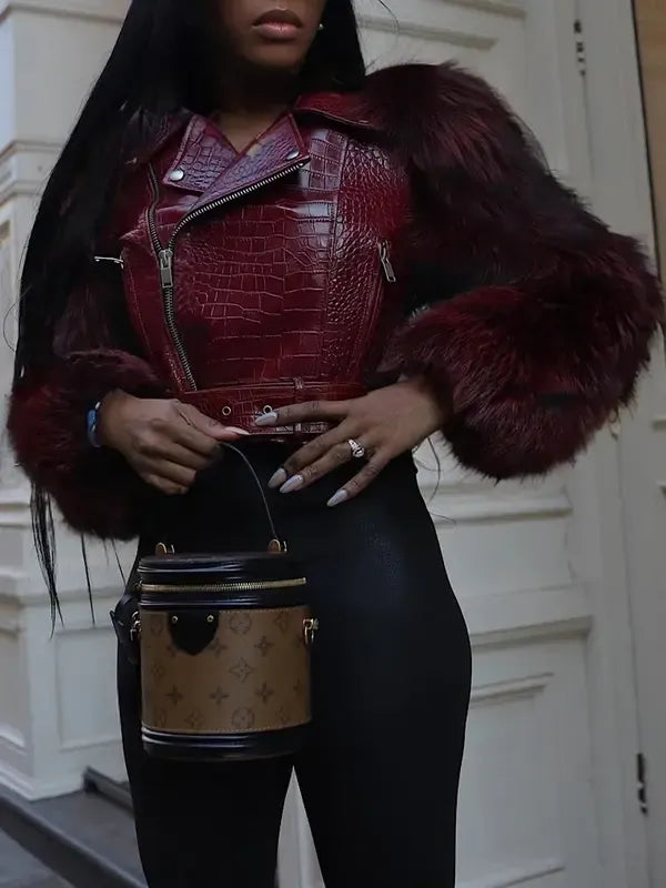 Croc-Texture Sleeve Faux Fur Jacket