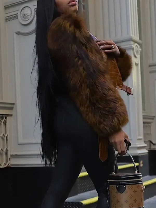 Croc-Texture Sleeve Faux Fur Jacket