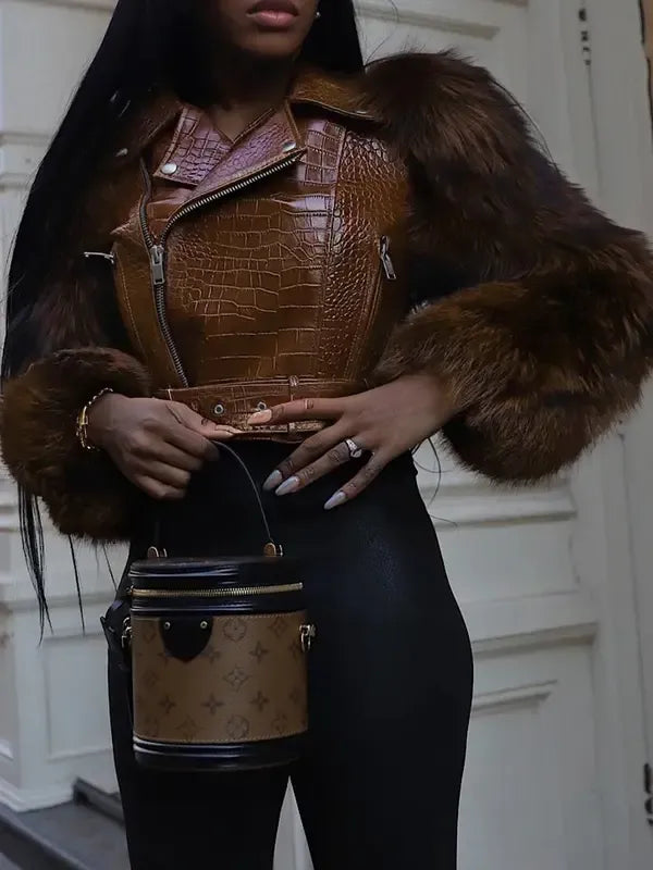 Croc-Texture Sleeve Faux Fur Jacket