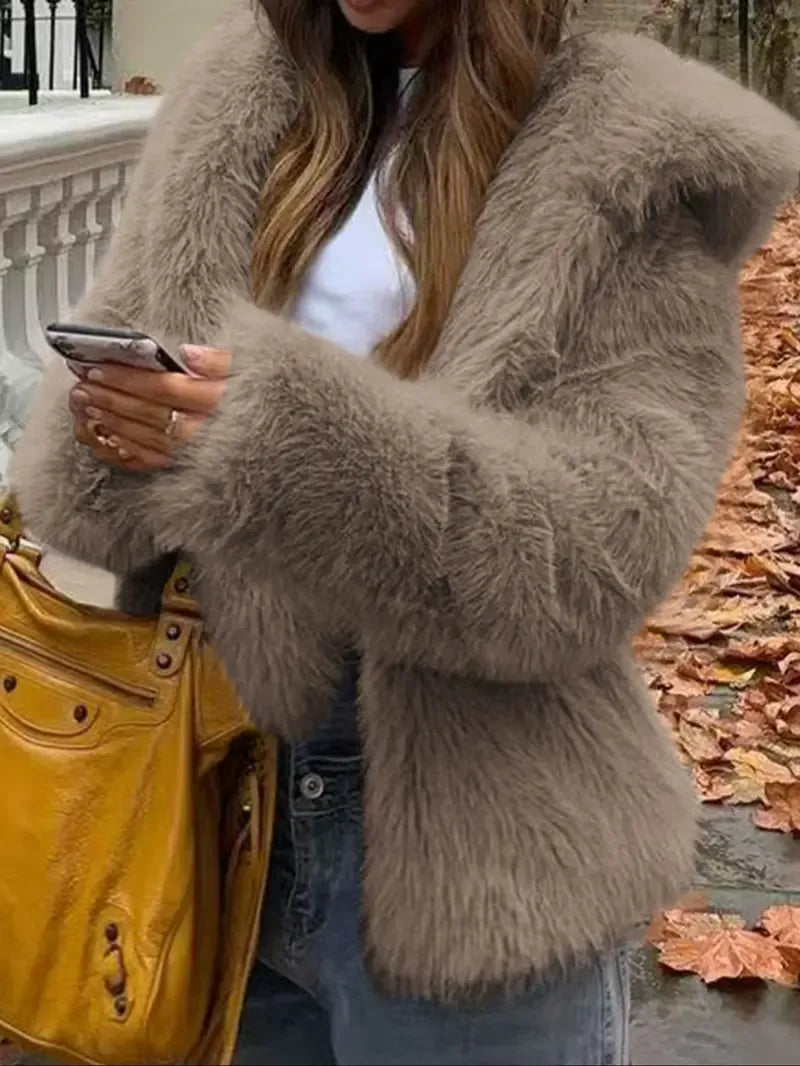 Short Hooded Faux Fur Jacket