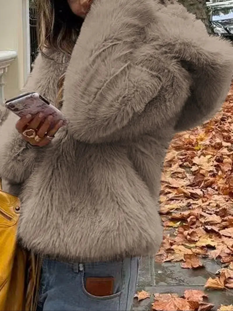 Short Hooded Faux Fur Jacket