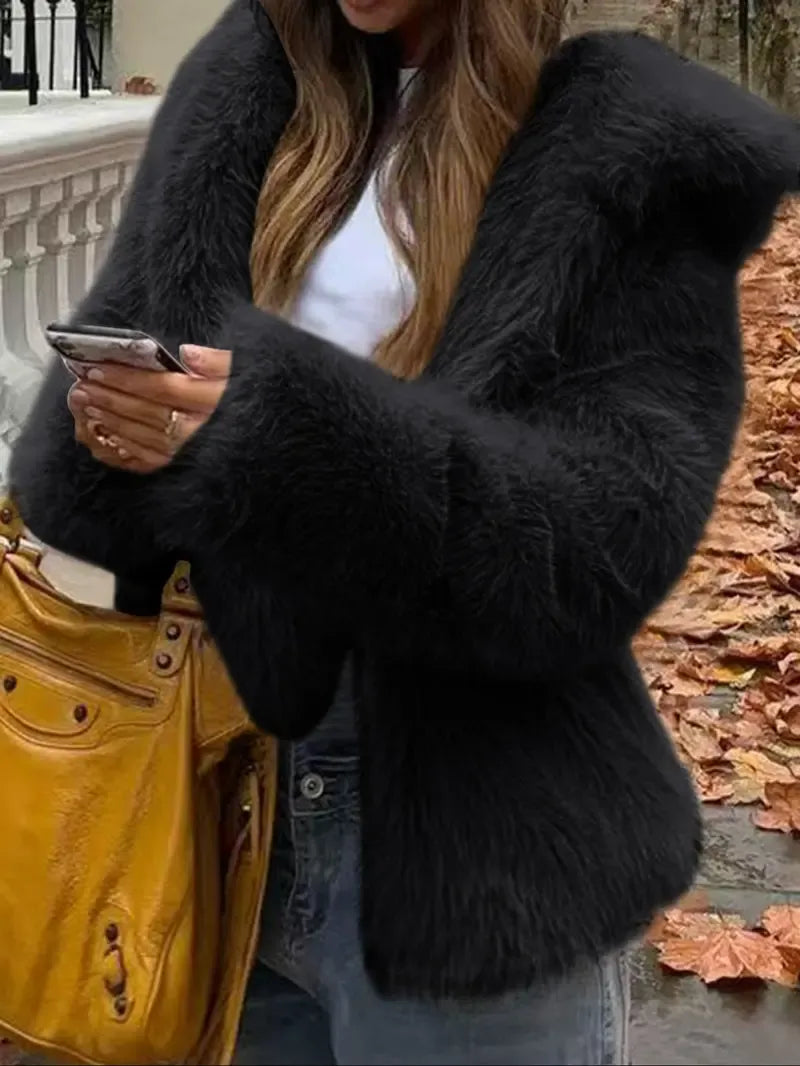Short Hooded Faux Fur Jacket
