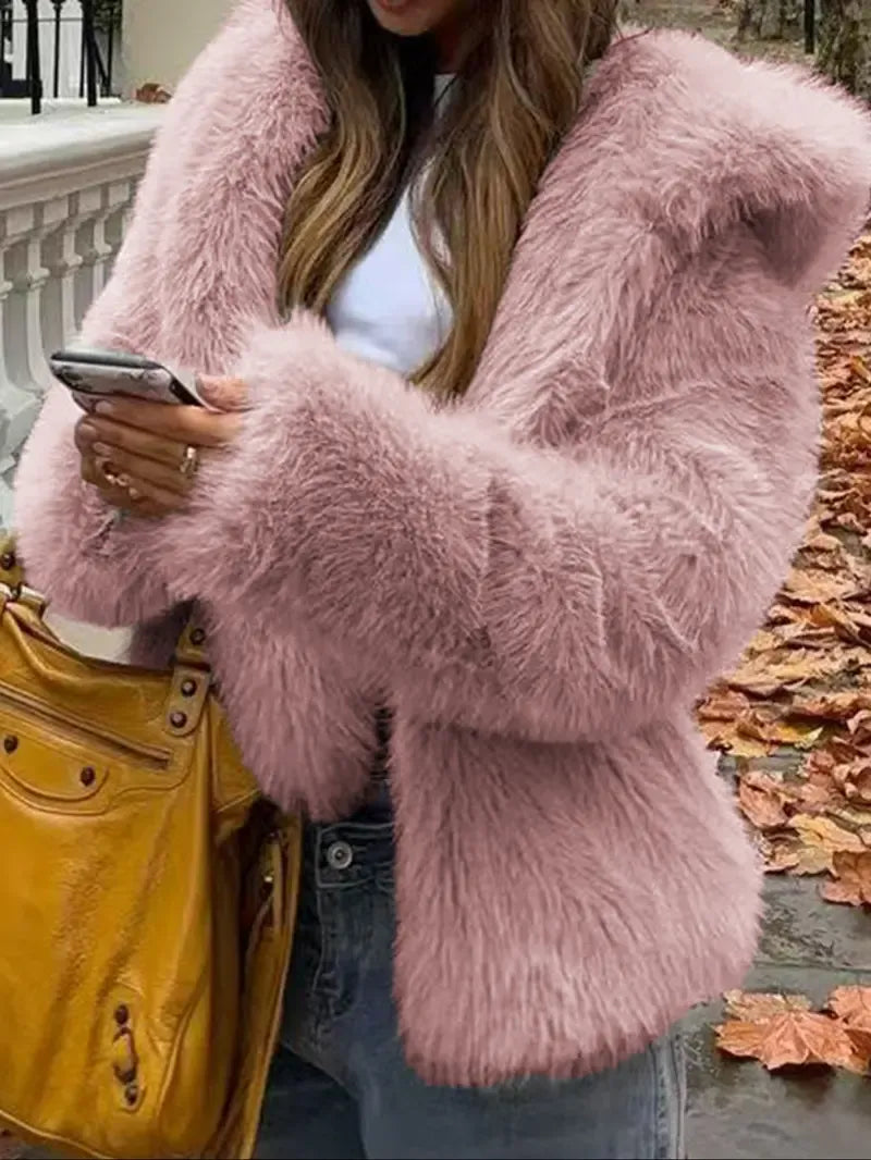 Short Hooded Faux Fur Jacket