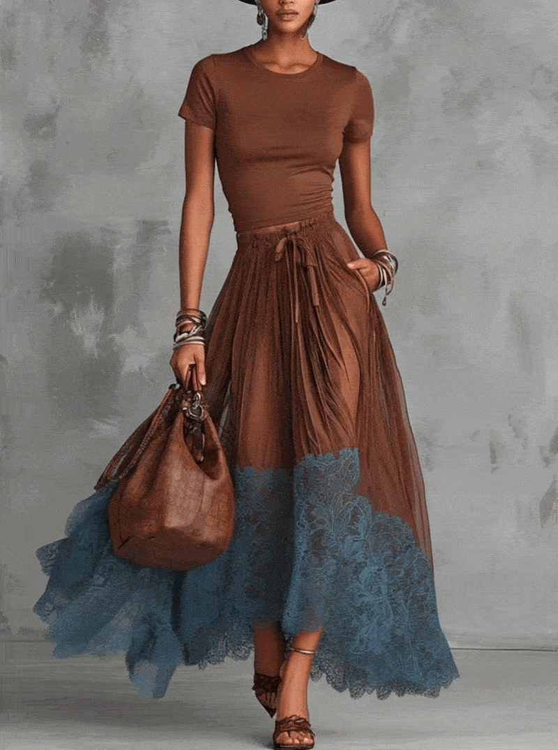Brown-Blue Lace Tulle Skirt Set
