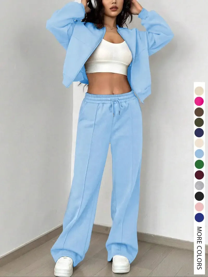 Casual Striped Long Sleeve Zipper Jacket & Pants Set