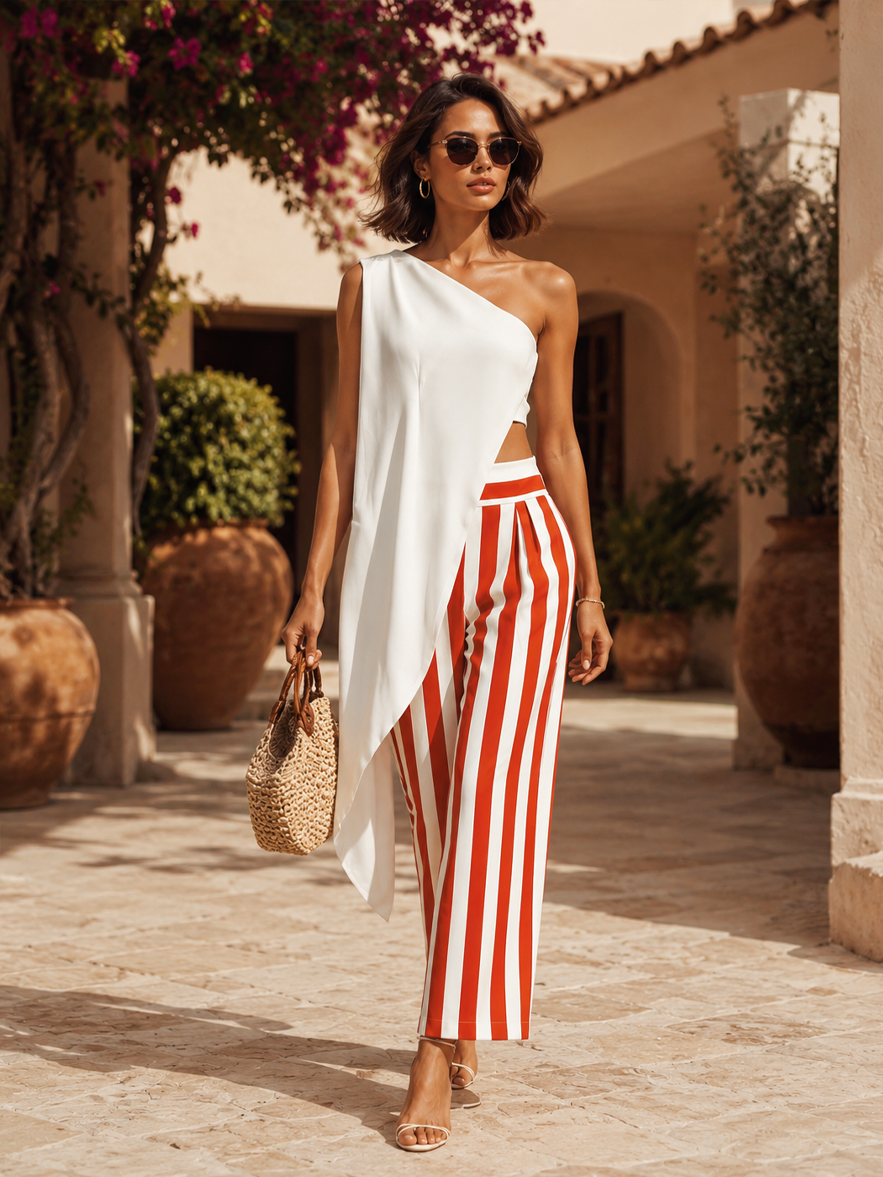 Striped One-Shoulder Two-Piece Set