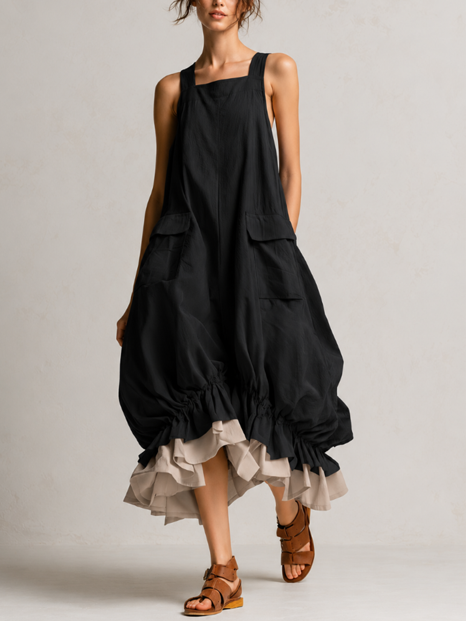 Cargo Pocket Ruffle Hem Midi Dress