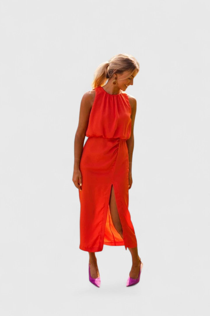 Theonae — High-Neck Flowing Midi Dress