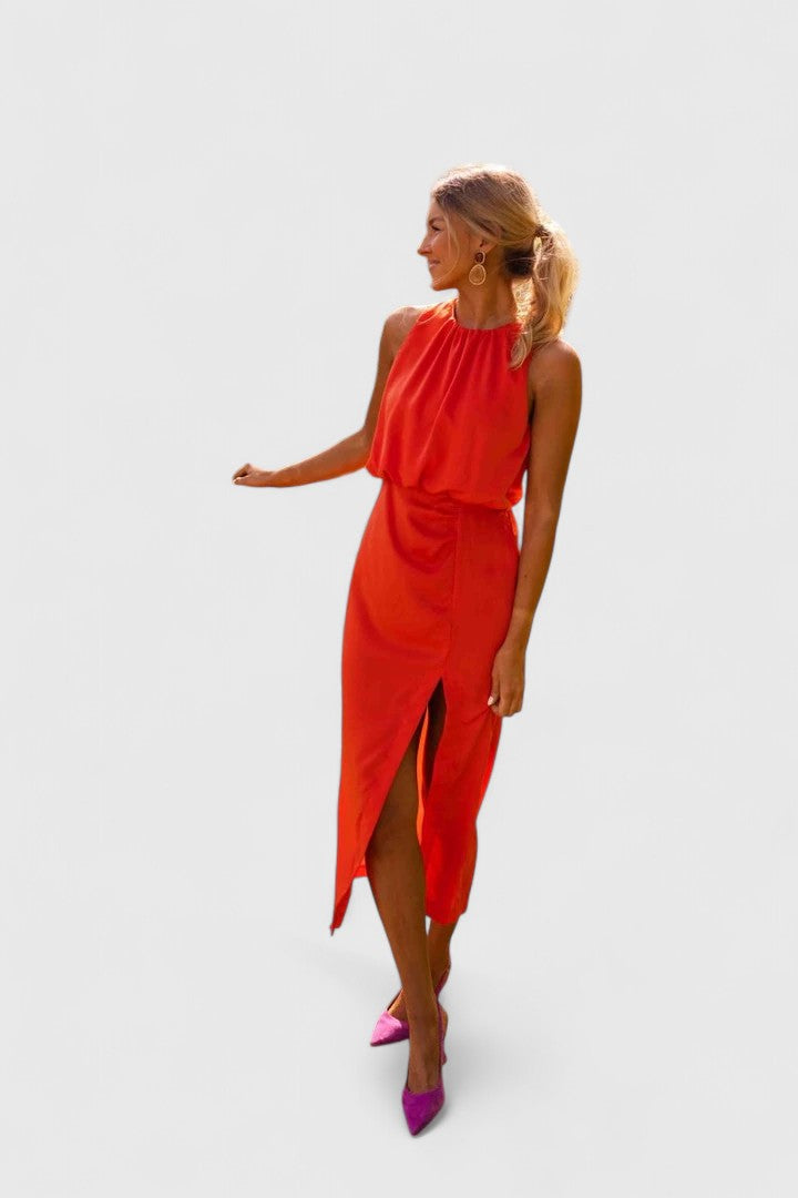 Theonae — High-Neck Flowing Midi Dress