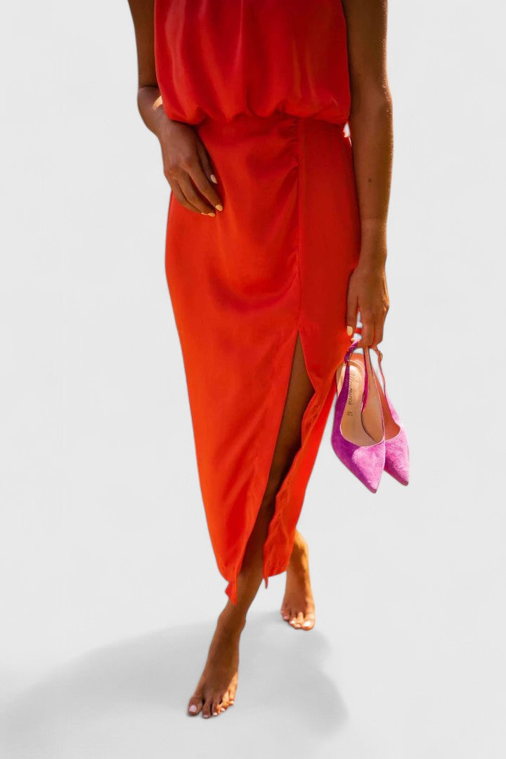 Theonae — High-Neck Flowing Midi Dress